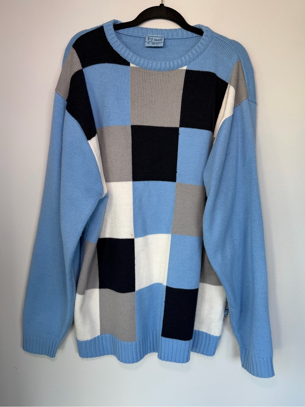 Vintage PJ Mark Blue Checker Crewneck Oversized Sweater Preppy Comfy